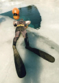 An apnea diver contemplates what he is about to do. Morrison's Quarry, Quebec, Canada. Minolta x700 camera with 19mm Vivitar lens and Fuji 200 ASA film. 