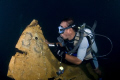 Tail section of Japanese Zero in the hold of sunken freighter, Truk Lagoon. 