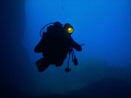 My Mate entering Cathedral Cave on Comino, Malta, May 2007.