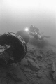 This was shot with high speed 35mm film, natural light, no flash of my dive partner over the train wheels at 46' in Kootenay Lake British Columbia Canada. Nikon camera housed by Aquatica.