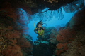 DEEP OCEAN CAVE FILLED WITH COLORFUL SEA FANS AND MY LOVELY WIFE.