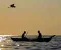 2 fishermen were putting out a net on Lake Malawi near the village of Cape Maclear at the southern end of the lake. An egret flew over just by chance, as the evening sun put a lovely yellow glow over the water.