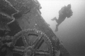 Lake Superior diver on shipwreck.  Black and white image with Nikonos v and 15 mm.  Ikelite strobe