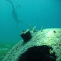 Woman snorkeling between concrete structures that serve as reef basis and also destroy the nets of fishermen (who are not allowed to fish there) Picture taken while freediving.